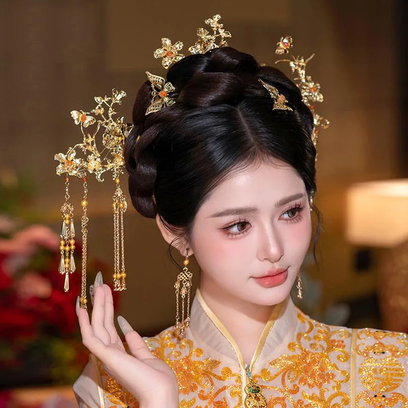 Golden Hairpin Hairpin Bridal Headdress New Chinese Xiuhe Cheongsam and Gown Han Chinese Clothing Hair Accessories Simple