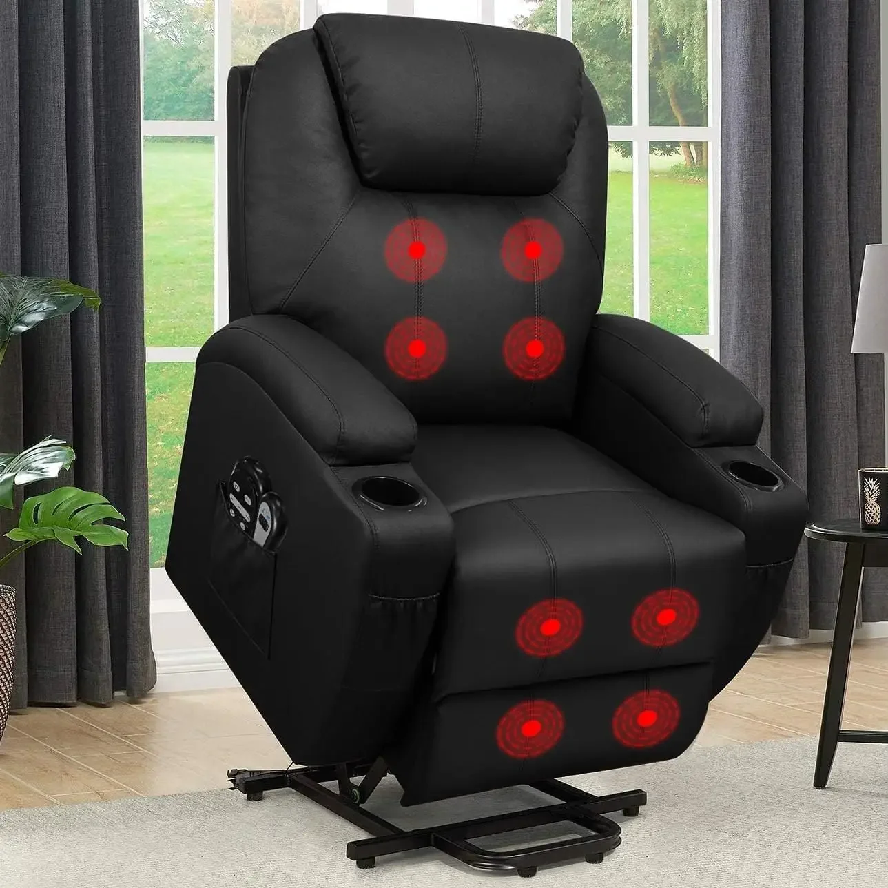 Flamaker Power Lift Recliner Chair PU Leather with Massage Elderly Ergonomic Lounge Chair Classic Single Sofa 2 Cup Holders