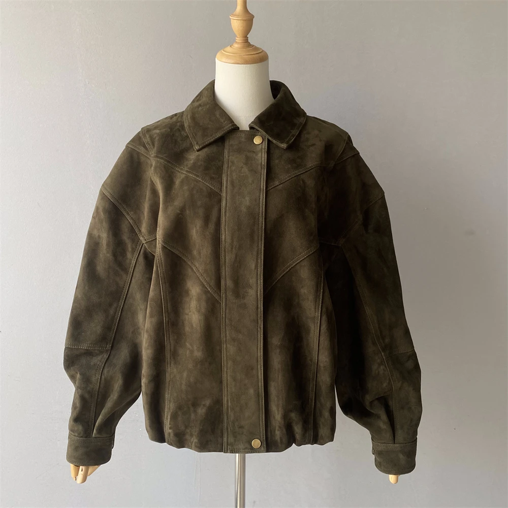 Luxyonuo リアルスエードレザーコート レディース 高級シープスキンジャケット ルーズスタイル フルスリーブ レザージャケット 2025秋冬新作