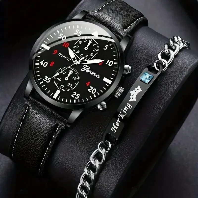 Geneva Men Watch Minimalist Men\'s Fashion Ultra Thin Watches Simple Men Business Leather Belt Quartz Wristwatch Bracelet Set