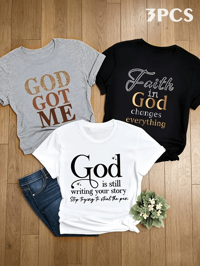 2026 Women 3-Pack Summer Vintage Faith T-Shirt Multipack, 90s Retro Crewneck Graphic Tees With 