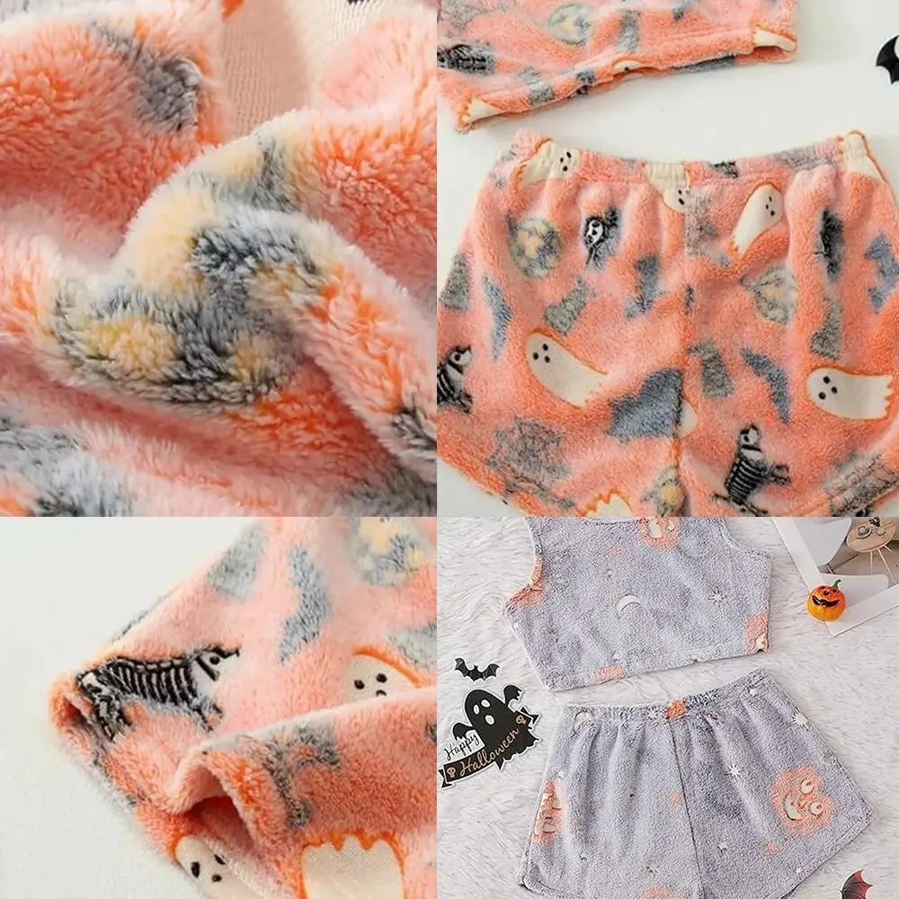 Conjunto de pijama com colete assustador engrossado, pijama de veludo coral, shorts de duas peças, conjunto de pijama estampado sem mangas que brilha no escuro