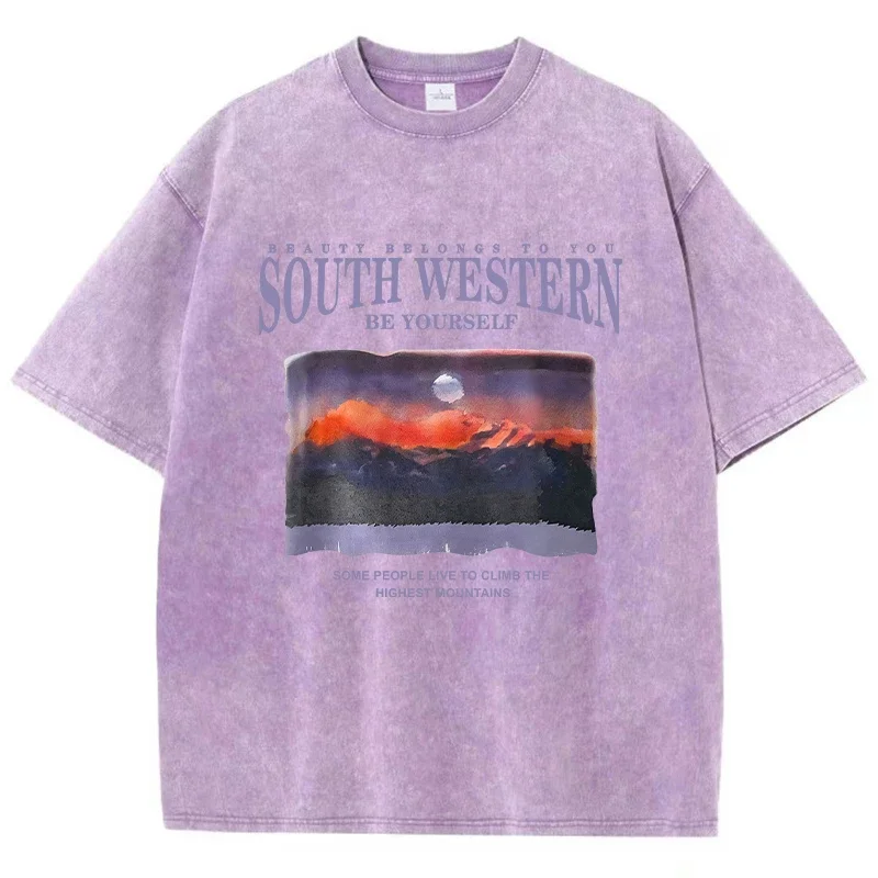 Fashion Women Cotton Washed T-Shirt Scenery Of The Sunset Mountain & Letter Prints Tees Summer Street Tops Loose Female Clothing