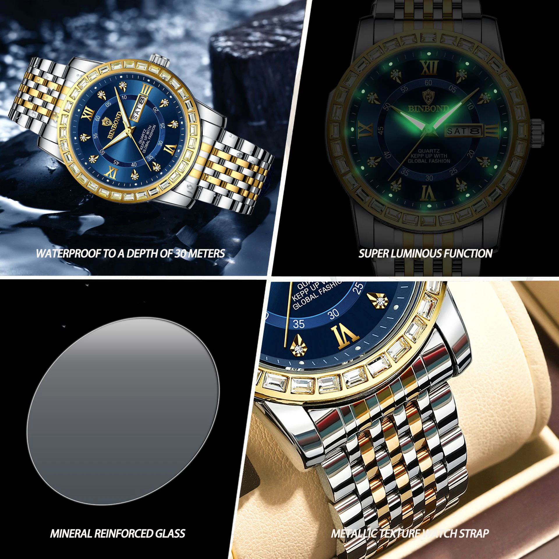 ZH134 Trendy and fashionable Men watch with dual calendar, waterproof and luminous quartz business clock gift，watches for man