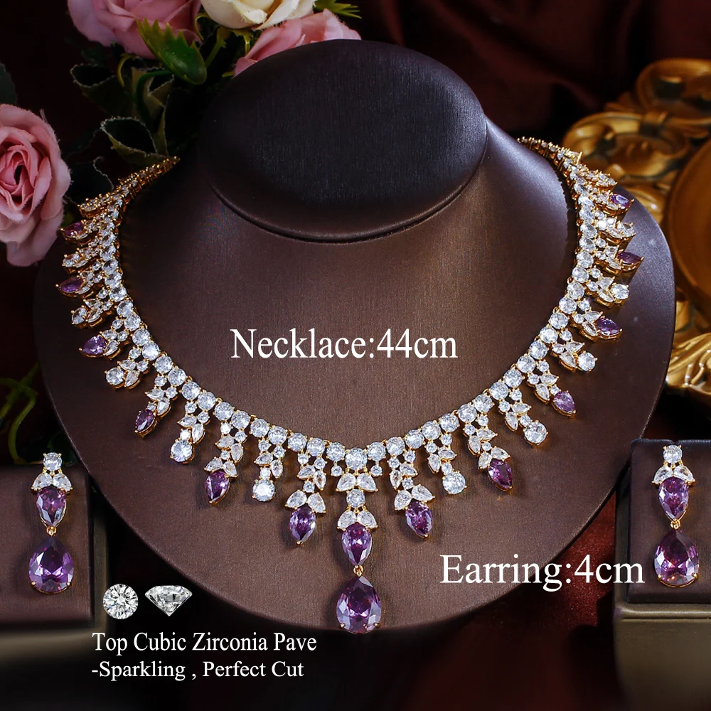 CWWZircons Luxury Gold Plated Purple Cubic Zirconia Big Chunky Water Drop Wedding Necklace Pageant Bridal Jewelry Sets T767