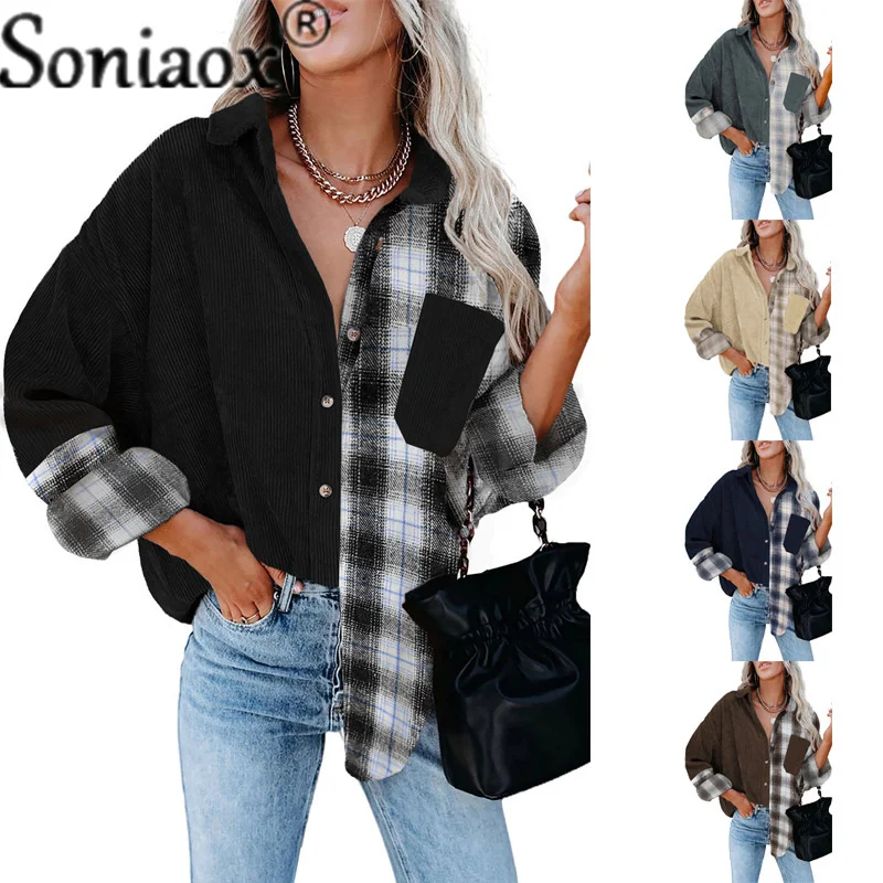 2022 New Spring And Autumn Women Plaid Shirt Loose POLO Collar Long-Sleeved Pocket Shirt Women Casual All-Match Elegant Blouse