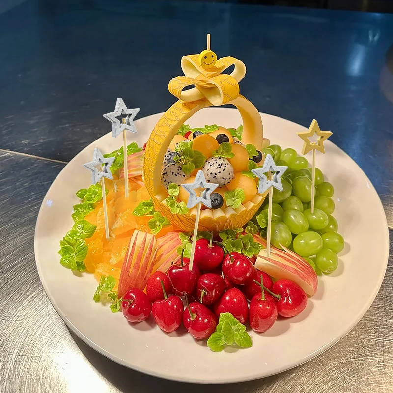 50PCS 스타 일회용 대나무 꼬치 골드 실버 뷔페 과일 음식 추천 칵테일 Decors 포크 크리스마스 생일 웨딩 장식