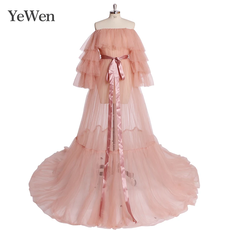 Sexy Pink Long Maternity Photoshoot Dresses Tulle Perspective Pregnancy Mesh Maxi Baby Shower Dress for Pregnant Woman YW6420
