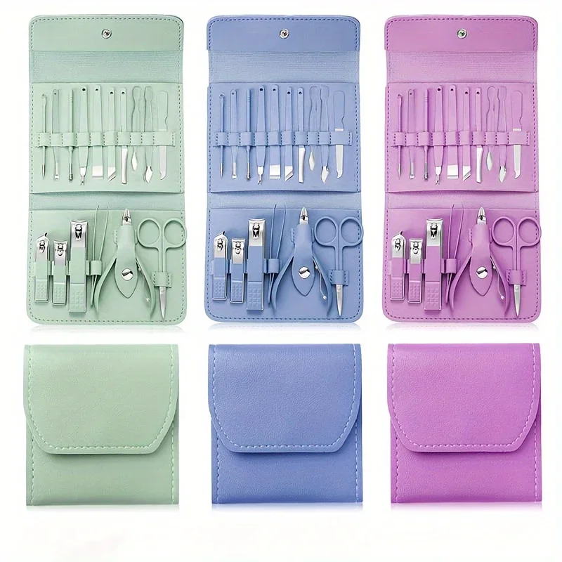 

Green, blue, and purple 16 piece professional nail clipper set home nail kit pedicures nail clippers ear spoons tools