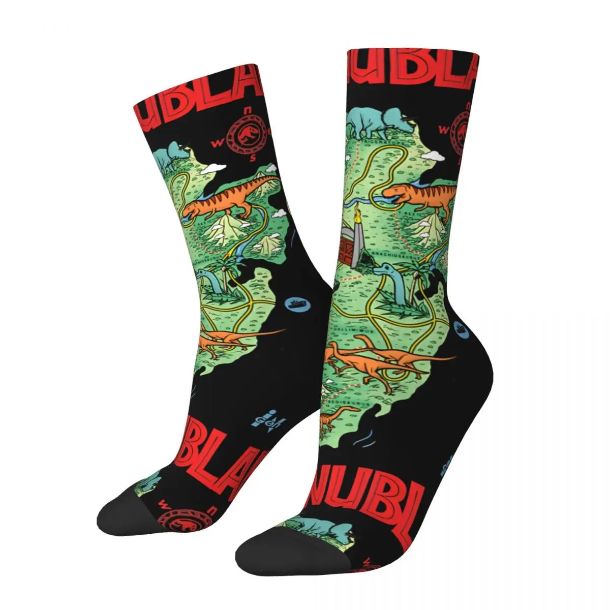 Crazy compression Isla Nublar Tropical Dinosaur Park Map Sock for Men Harajuku Jurassic Park Seamless Pattern Crew Sock Novelty