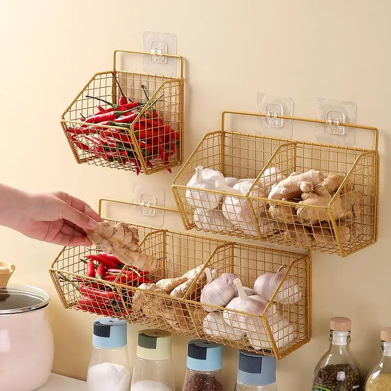 

1/2/3Grids Wall Mounted Kitchen Storage Basket Suitable for Durable Metal Wire Storage of Spices, Garlic, Onions, and Vegetables