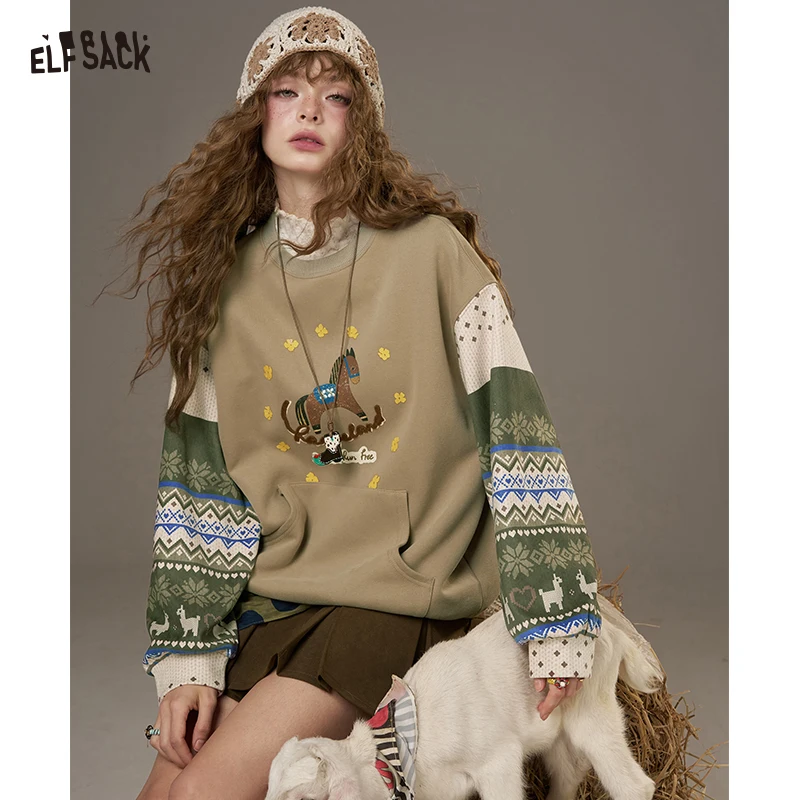 ELFSACK Women's Cartoon Animal Print Sweatshirt with Fair Isle Sleeve, Loose Casual Pullover for Everyday
