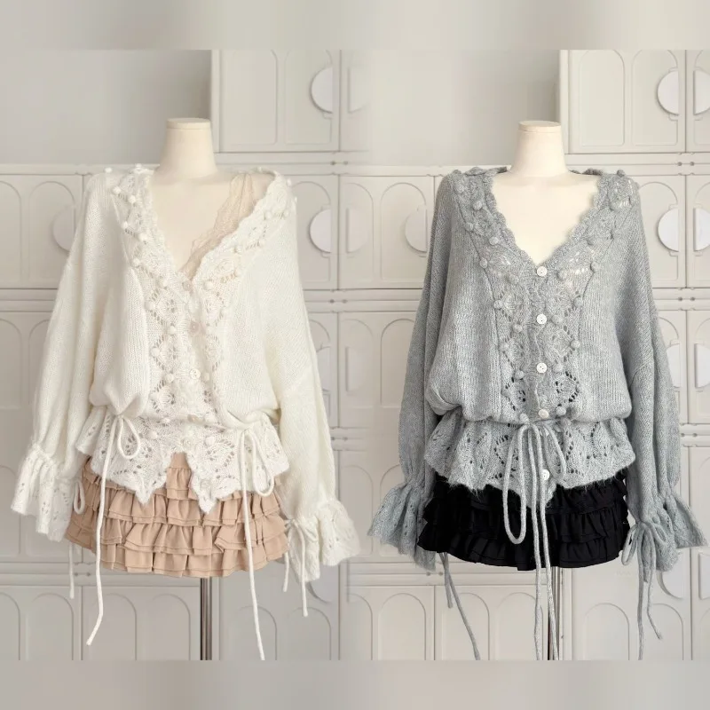 

Deeptown Sweet White Women Knit Cardigan Gray V Neck Hollow Out Long Sleeve Korean Fashion Sweaters Oversized Casual Drawstring