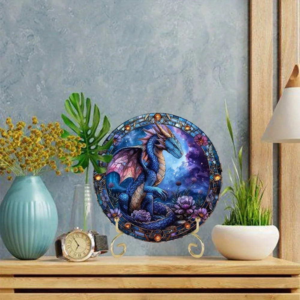 1pc 8x8 Inch 2d Round Aluminum Flat Sign, Dragon Themed Painted Realistic Art Office Room Home Door Decorations