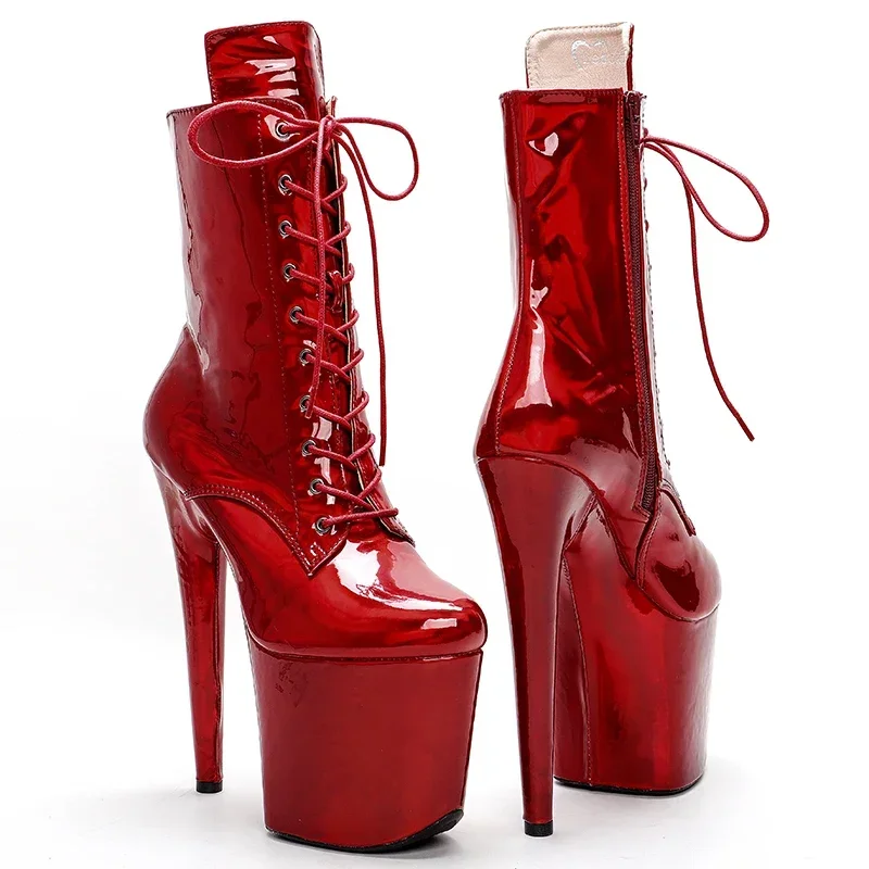 Leecabe brilhante vermelho plutônio 20cm/8 polegadas pólo sapatos de dança botas de plataforma de salto alto fechado dedo do pé pólo botas de dança