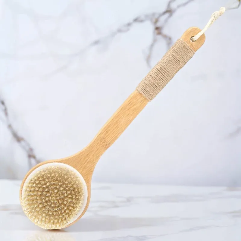 Dry Skin Body Brush Bath Exfoliating Brush Natural Bristles Back Scrubber With Long Wooden Handle For Shower, Remove Dead Skin,