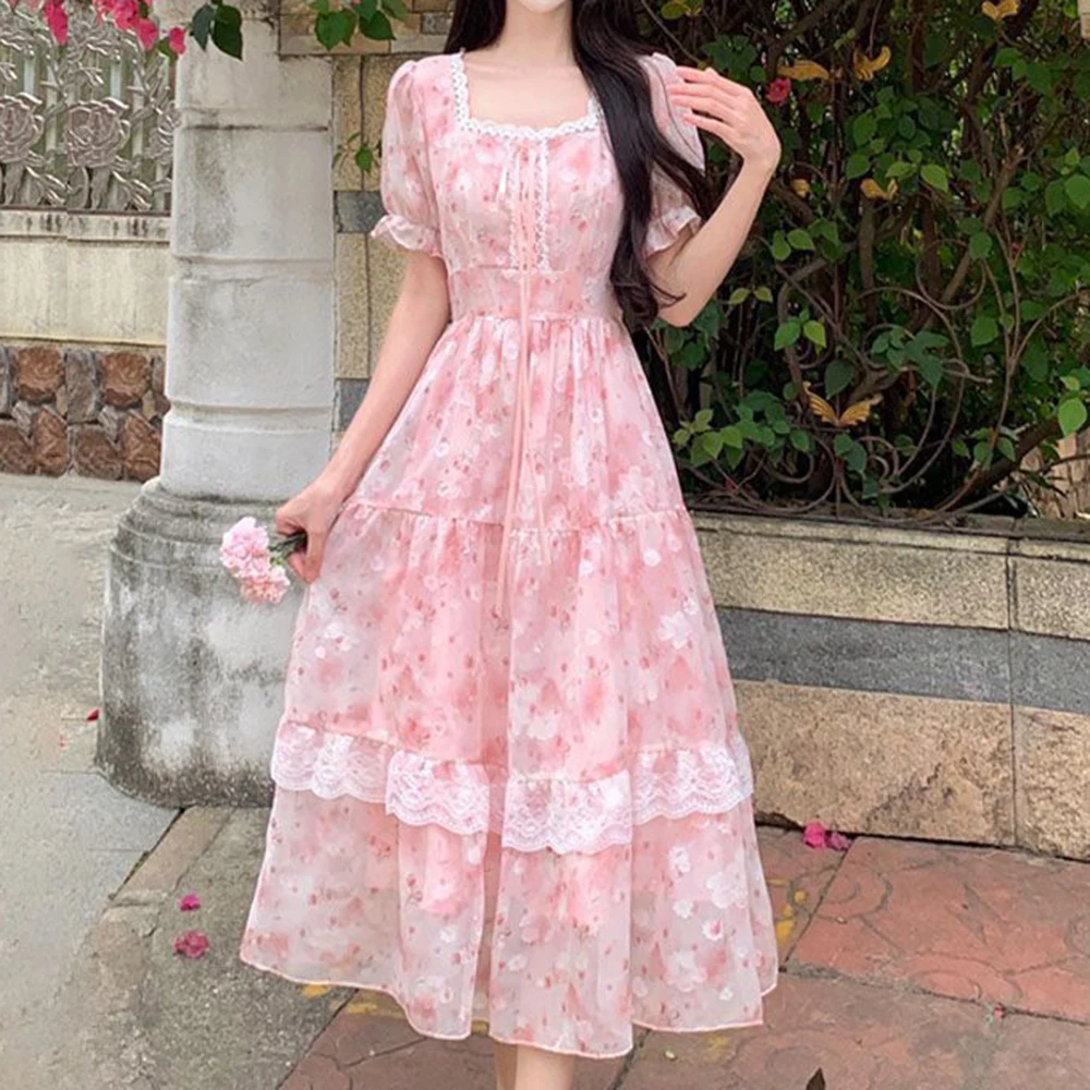 

French tulip flower sweet temperament floral square neck long dress summer large size high waist thin gentle style dress