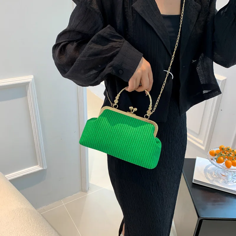 Fashion Textured Kiss Lock Evening Clutch Bag for Women, Metal Frame Top Handle Bags, Elegant Crossbody Bag for Wedding,Banquet