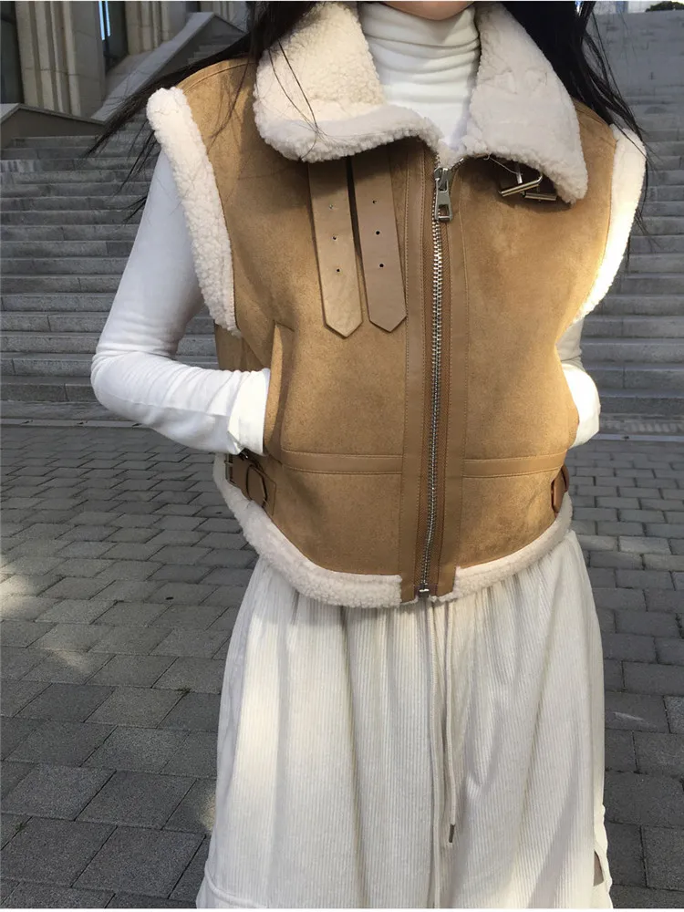 

Цельный черный, коричневый, кофейный жилет из овечьей шерсти, женский жилет на осень-зиму, новинка 2025 года, толстое теплое короткое пальто, куртка без рукавов на молнии, жилет