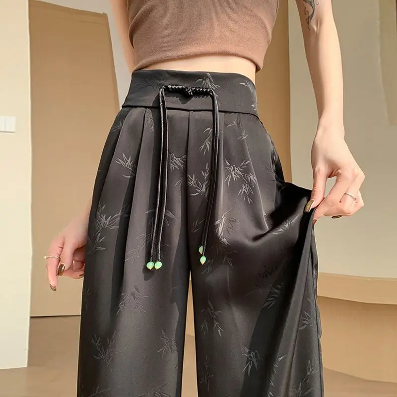 

2026 Ice Silk Nine-Point Trousers Feminine New Chinese Style Wide-leg Pants Women Spring Summer Temperament Fashion Casual Pants