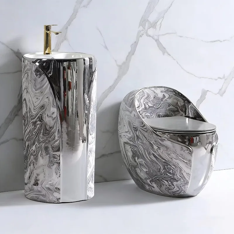 Egg Shape Floor Mounted Toilet with Marble Pattern Modern Ceramic One-Piece Toilet for Bathroom