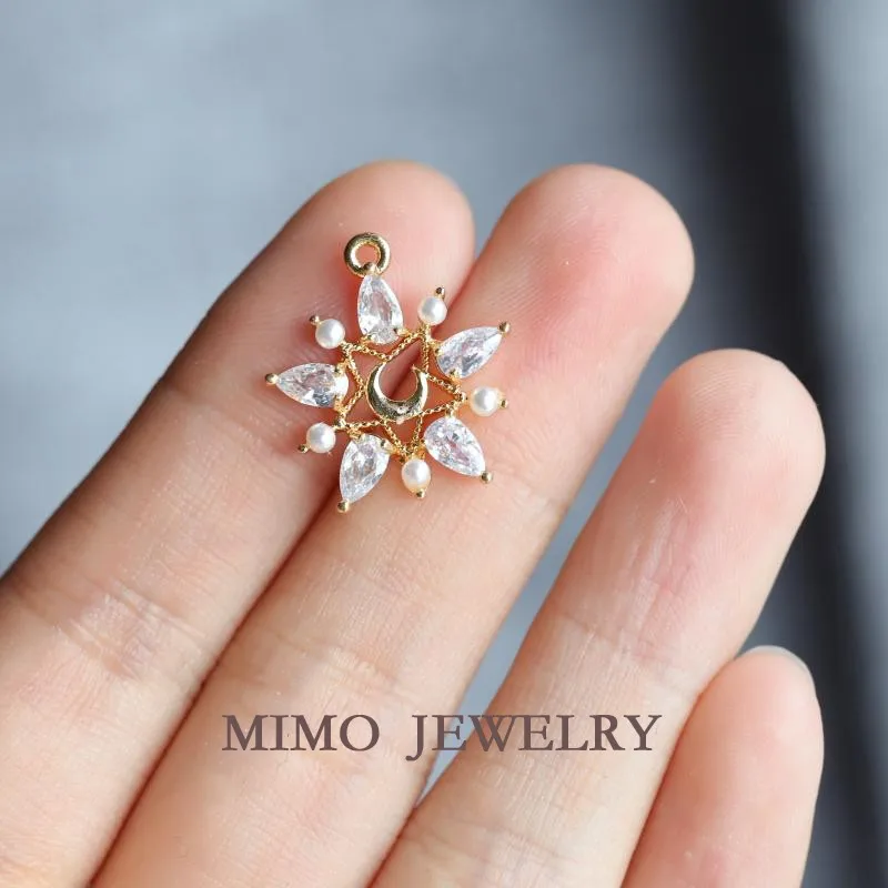 Moon Little Fresh Korean Version Zircon Imitation Pearl Pentagram Charms Pendant Supplies DIY Hand Brass Gold Plated Accessories