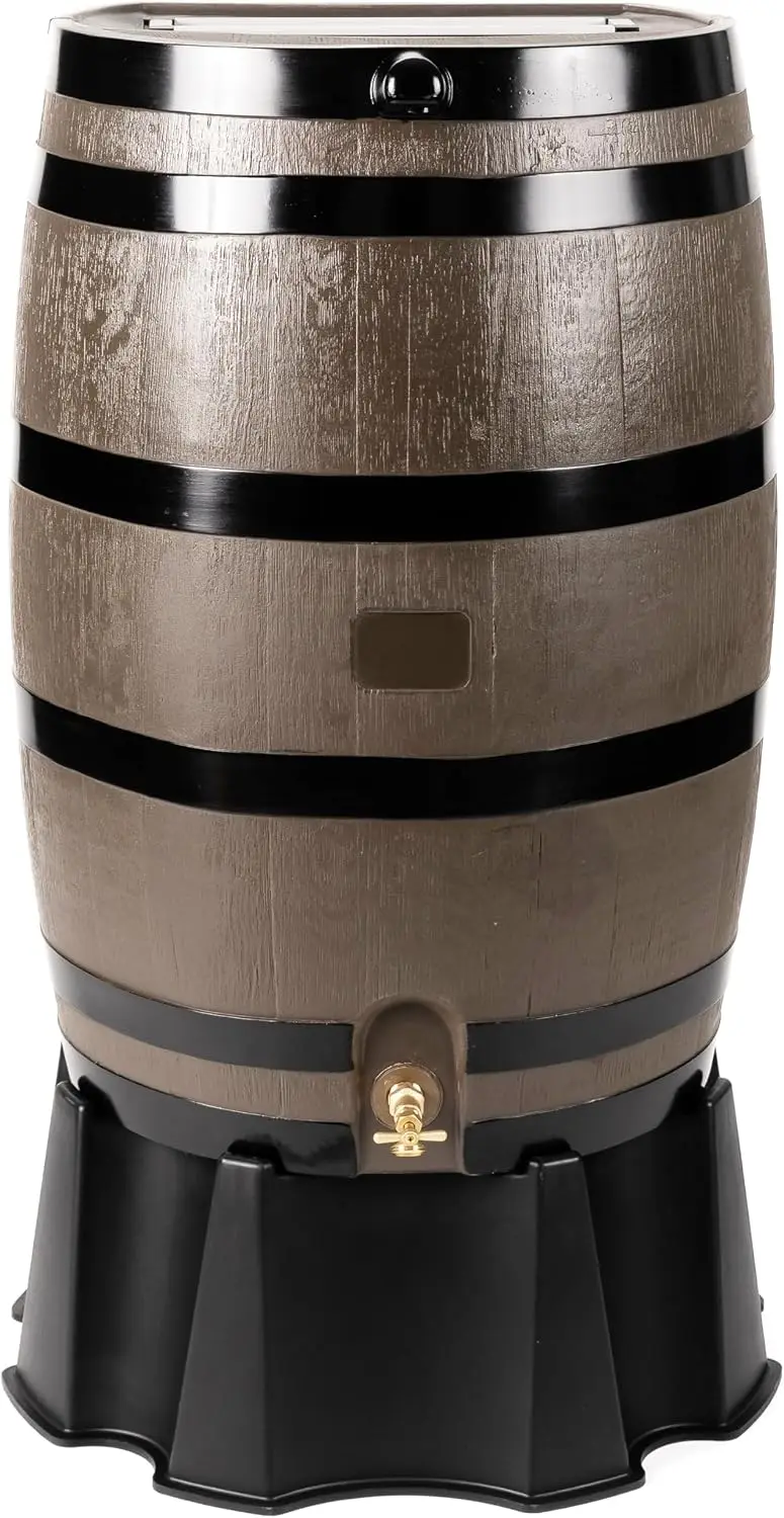 Woodgrain‑Finish 50‑Gallon Flat‑Back Rain‑Water Collection Barrel with Black Decorative Stripes and Included Support Stand, Space‑Saving Outdoor Rain‑Harvesting Storage Container for Garden, Backyard & Patio Irrigation