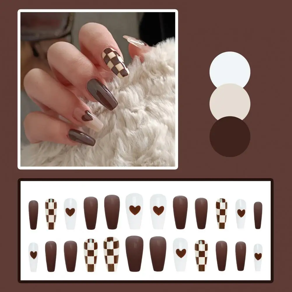 24Pcs Chess False Nails Chocolate Coffee Color Versatile DIY Creative Perfect Fitting Heart Nail Art Patches