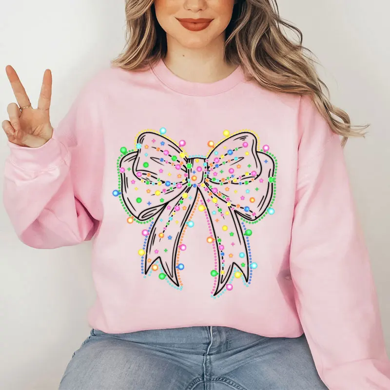 Christmas Lights Coquette Bow Print Sweatshirt Women Harajuku Casual Loose Sweatshirts Fashion Soft Hoodies Autumn Warm Clothes