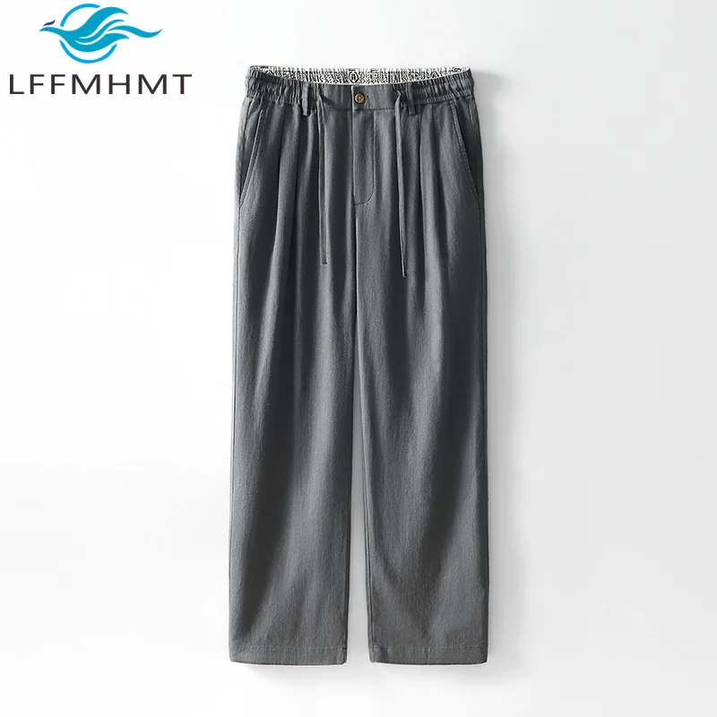 

Мужские свободные прямые брюки L8251 из смесового льна и хлопка, хорошее качество, в японском стиле, с эластичным поясом, повседневные, широкие штанины