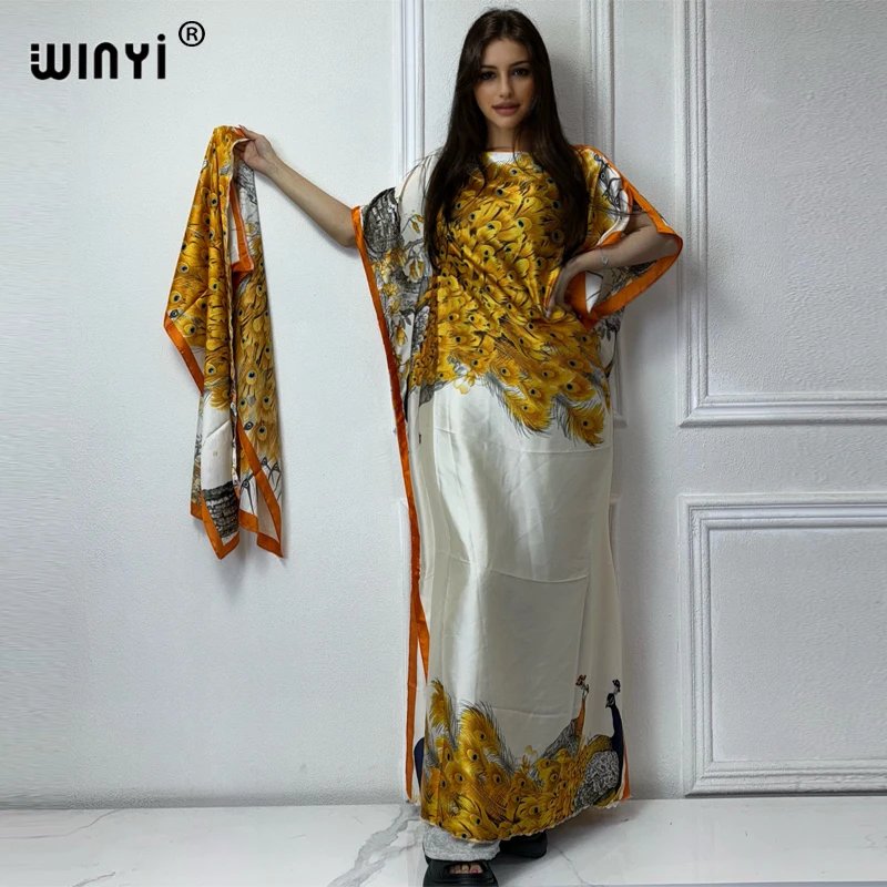 WINYI Africa summer kaftan with belt Women Classic peacock print Caftan Elegant Holiday summer Maxi silk Bohemian party dress