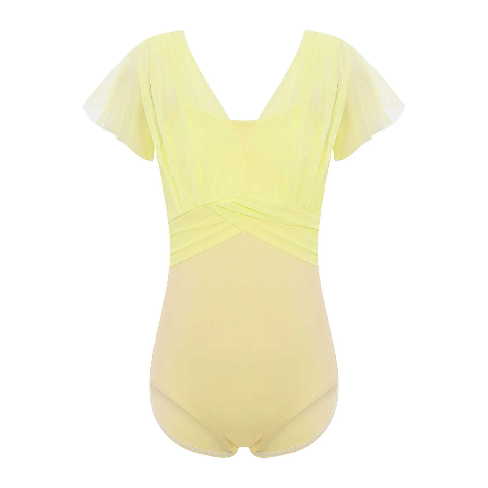 Meisjes Professioneel Ballet Yoga Danskostuum Ruches Mouwen Ruches Sheer Mesh Overlay Lijfje Ballet Turnpakje Ballet Danskleding