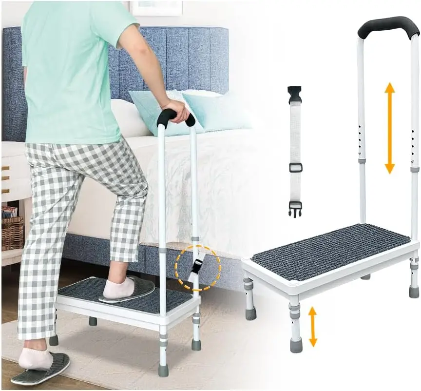 

Step Stool with Handle for Elderly Bed Rails Adjustable Assist Bar Heavy Duty Metal Wide Platform Seniors