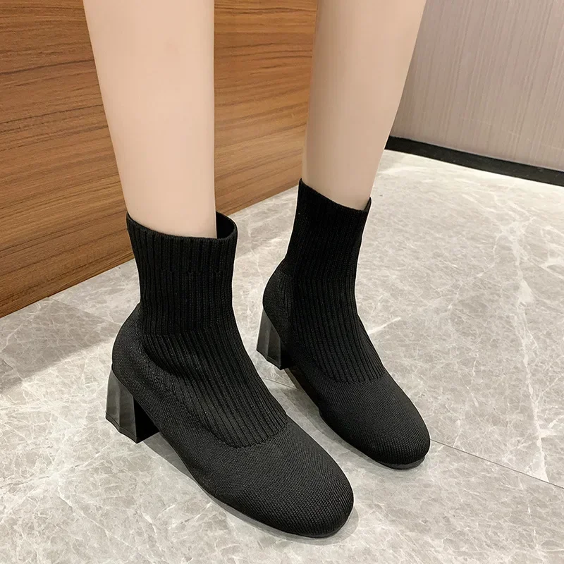 2024 Knitted Ankle Boots for Women Autumn Round-toe Thick Sole Slip on Casual Shoes Woman Light Non Slip Platform Botas Mujer