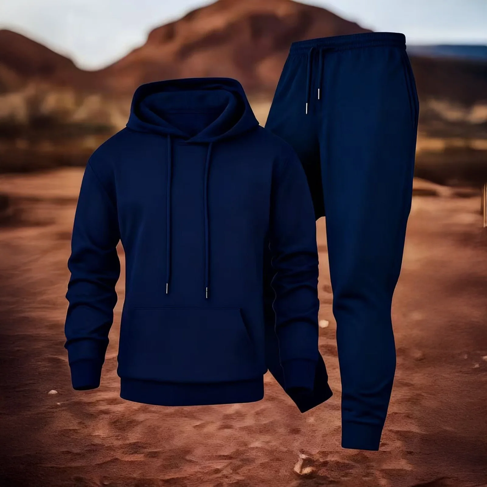 Pockets Jogging Suit Men\'s Mountain Print Casual Tracksuit Set with O-neck Sweatshirt Jogger Pants for Autumn Winter Men