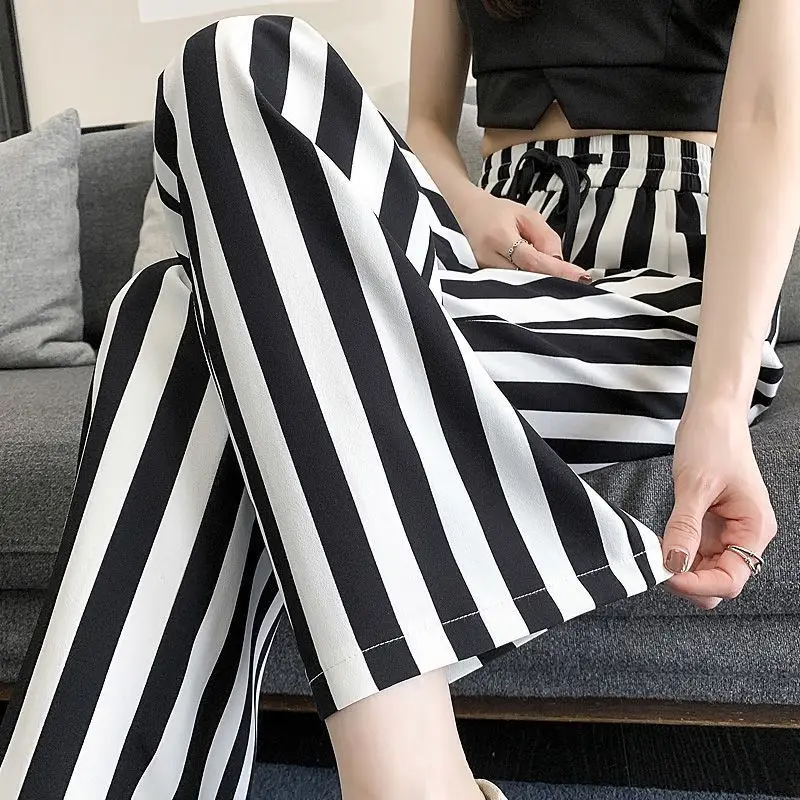 Summer New Women\'s Color Block High Waist Black and White Vertical Stripes Fashion Versatile Draping Loose Straight Leg Pants