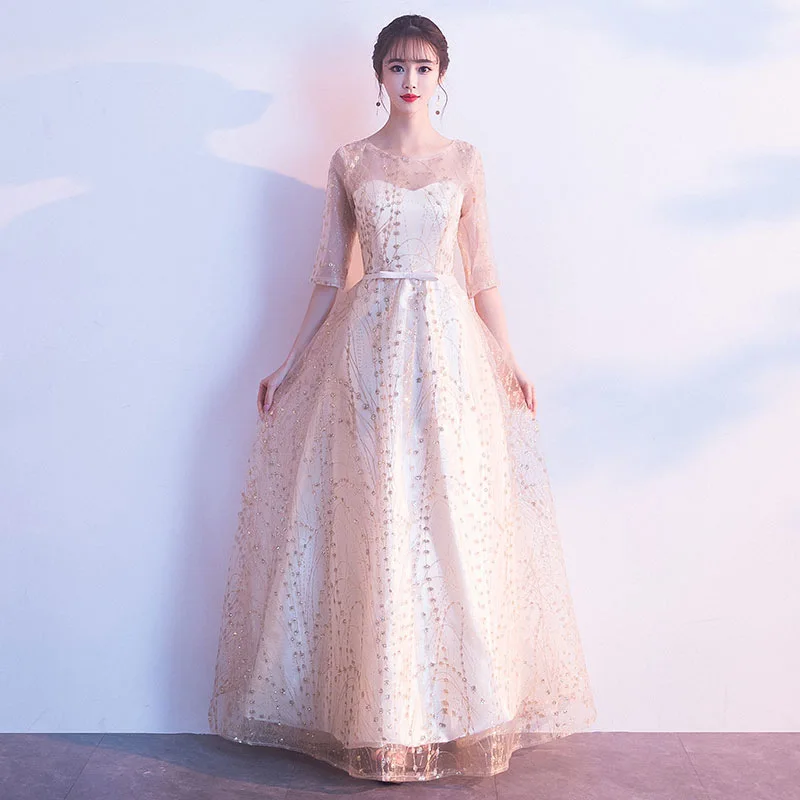 

Champagne Gold Floral Sequin Tulle A-Line Floor-Length Bridesmaid Dress Illusion Round Neck 3/4 Sleeve Wedding Formal Gown With