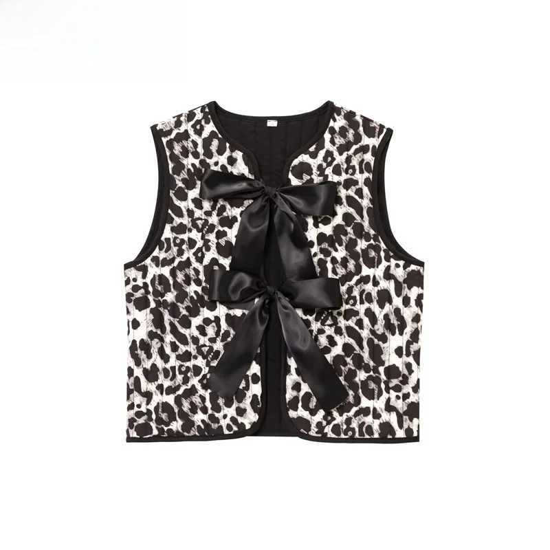 

ZBZR Spring New Women's Faion Design Leopard Print Knot Belted Vest Top V-ne Polyester Fiber Commute Sle