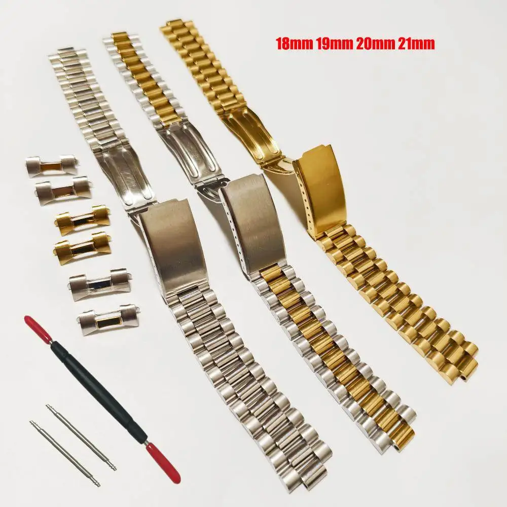 Silver Gold President 18mm 19mm 20mm 21mm 22mm Stainless Steel Curved Endlink Watch Strap Band Bracelet for SKX Watch