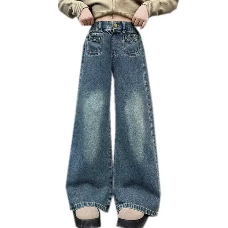 

Elegant Girls Wide Leg Jeans Pants New Spring Fall Child Blue Denim Trousers Female Girl Loose Jeans Child School Clothes 5-14Y