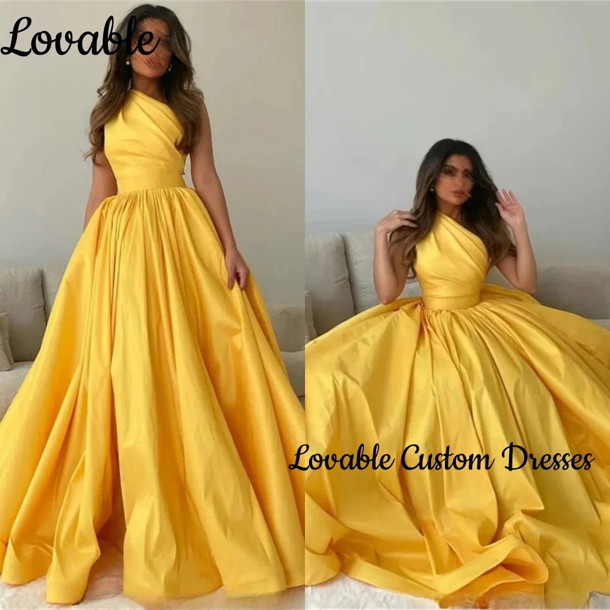 

Customize One-Shoulder Yellow Luxury Dresses Evening A-Line Sleeveless Elegant Dresses For Women Floor-Length Lace Long Sleeves