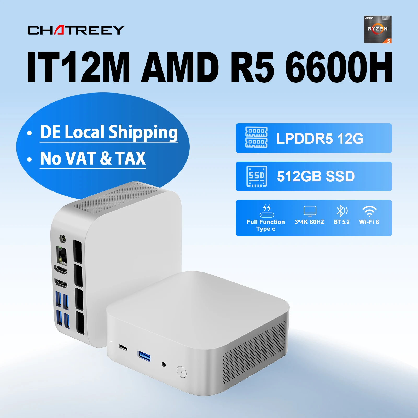 Image of Mini-PC AMD Ryzen 5 6600H LPDDR5 RAM Ultra-Kleiner Taschencomputer 4K 60Hz RGB-Ausgang Windows 11 WiFi 6 BT5.2