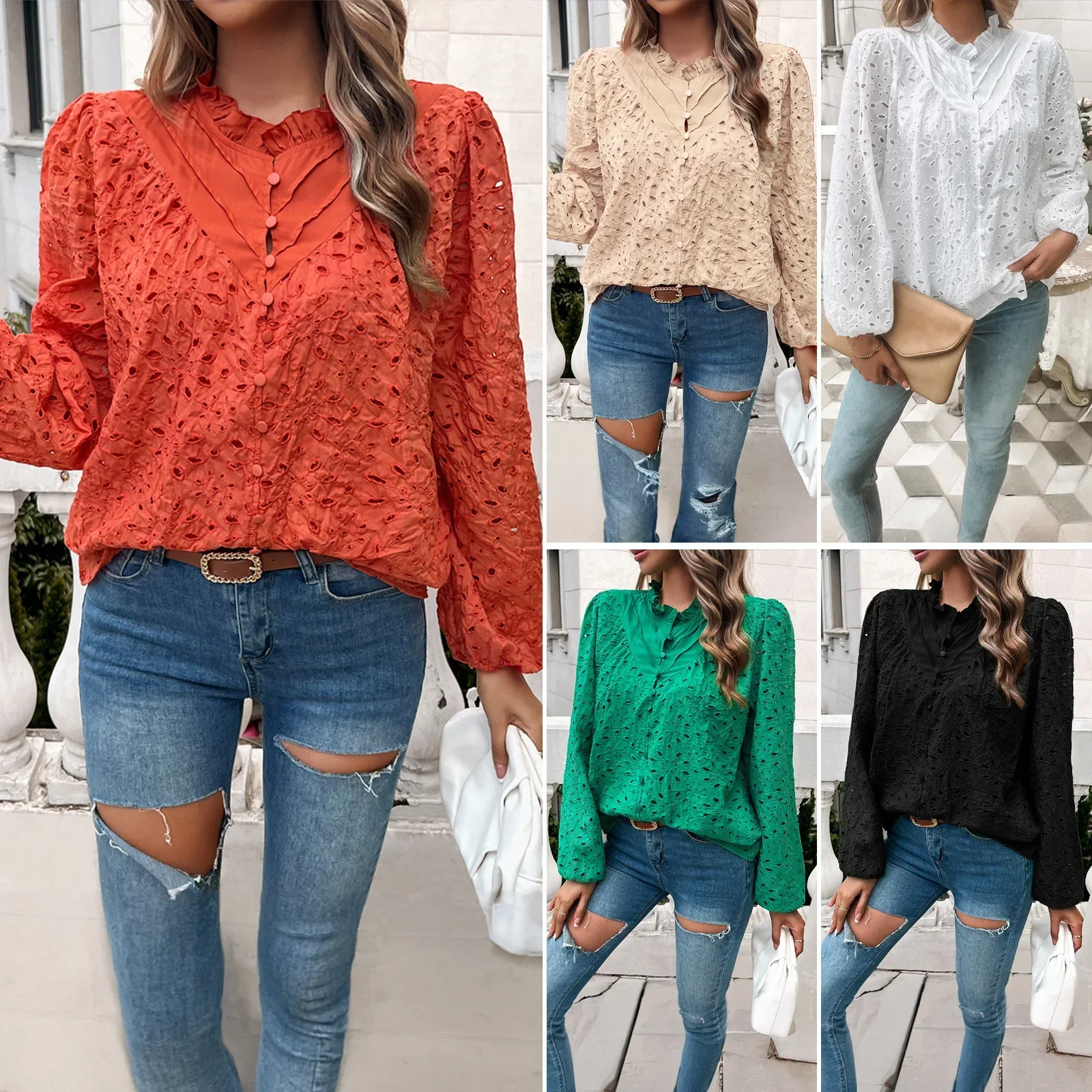 

Pop Women's Spring Autumn New Blouse Female Puffed Sleeve Hollow Embroidery Long Sleeve Tops Lady's Base Shirt Women's Clothing