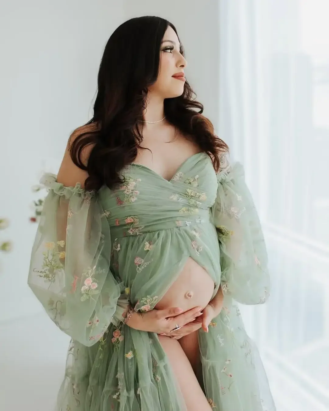 Flower Embroidery Tulle Maternity Dresses For Photoshoot Long Puffy Sleeve Off Shoulder Pregnancy Baby Shower Dress