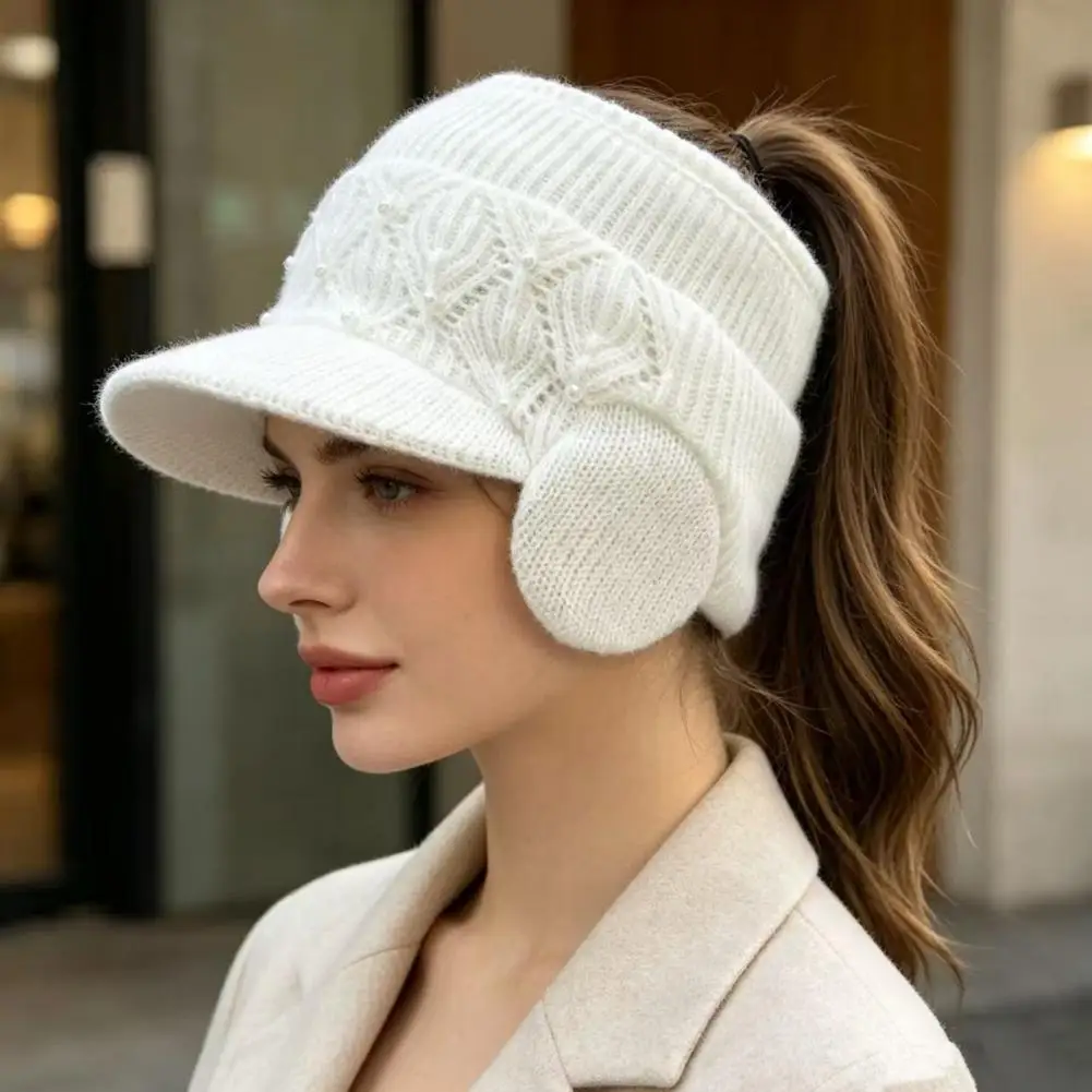 Commuter Knitted Cap Winter Ponytail Hat with Ear Flaps Women’s Knitted Peaked Cap Open Top Warm Visor for Outdoor for Women