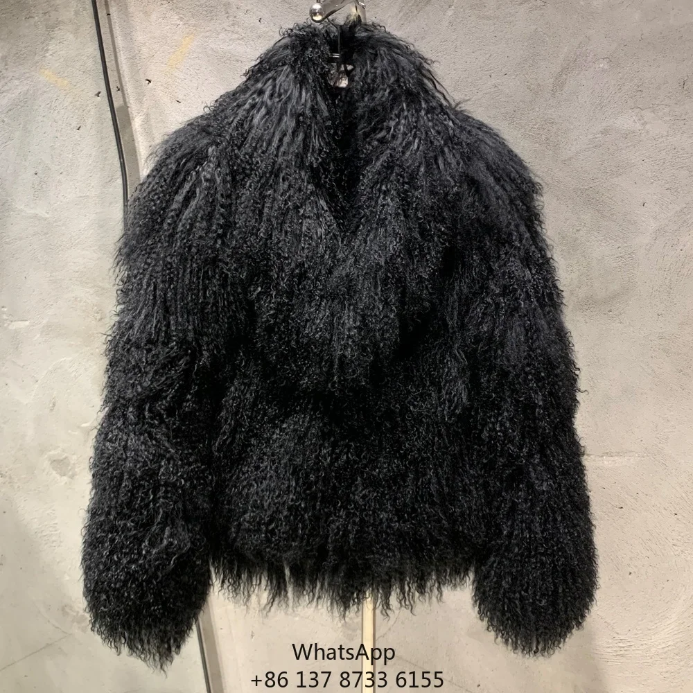 

Winter Fashion Black Fur Coats Fluffy Sheep Fur Jacket Women Natural Mongolian Fur Coat