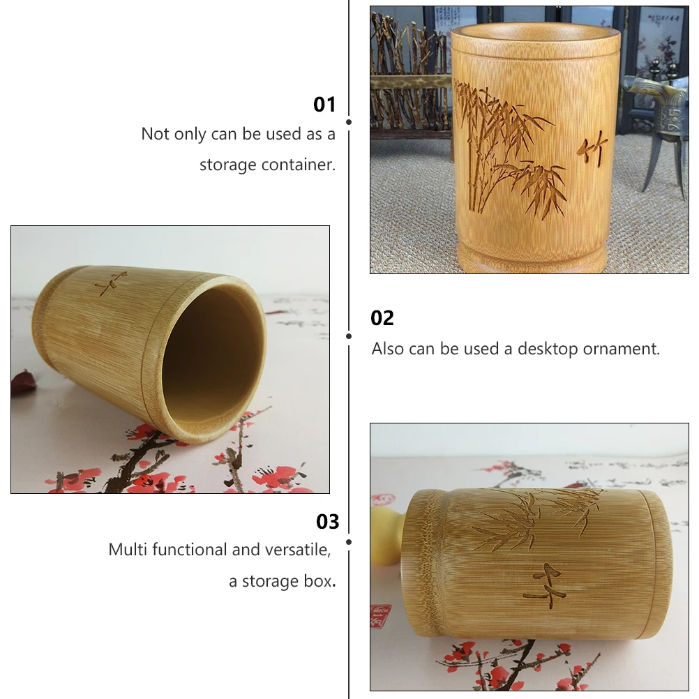 

Bamboo Pen Holder Engraved Carving Desk ganizer Storage Container for Brush Pencil Makeup Scissors Gel Writing Pens Office