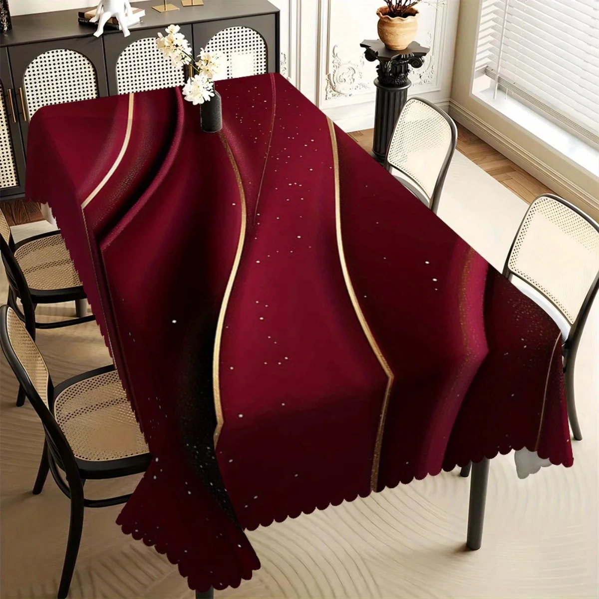 Luxury Burgundy Tablecloth with Gold Lines & Sparkle Dots,Elegant Scalloped Edge,Stain Resistant for Dining Room & Wedding Decor