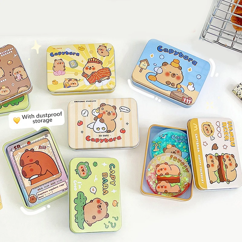 Kawaii Cartoon Capybara Card Storage Iron Box Photo Card Dustproof Box Cute Jewelry Hair Clip Small Box Creative Candy Box
