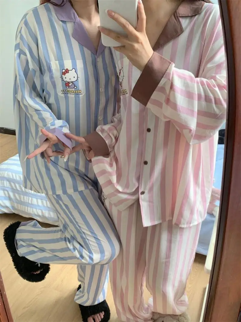 سانريو جديد منامة مجموعة مرحبا كيتي الكرتون لطيف شريط منامة الإناث ربيع الخريف جديد الترفيه المنزل الملابس مجموعة زوجين دعوى